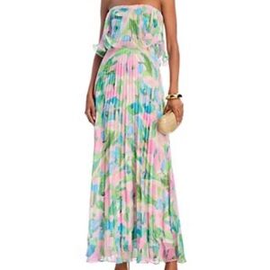 ISO !!!!!!***** printed pleated strapless Aqua Floral Maxi Dress